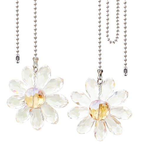 Image of LEFERS Ceiling Fan Pull Chain, 2 Pieces 1.8 inch Crystal Glass Flower Pendants with 24 inch Ceiling Fan Chain Extender and Connector (Clear)