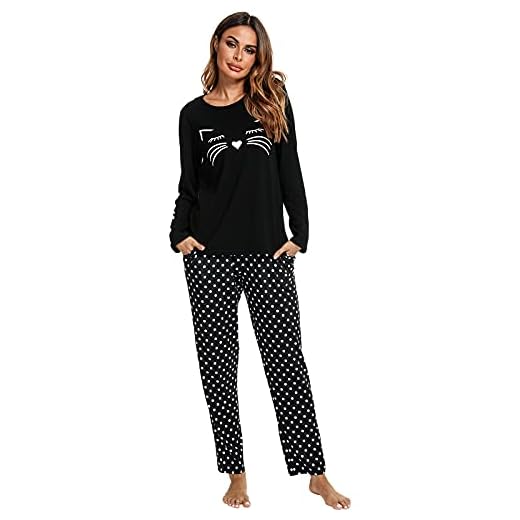Les-Theresa Conjunto de pijama de 2 piezas para mujer, cómodo y suave, de algodón, para descansar, para mujer, Gato impreso negro, S