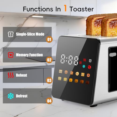 Image of WUNLY 2 Slice Toaster with Full Smart Touch Control,Memory Function,Single-Slot Tech,6 Shade Levels & 6 Bread Settings,Extra Wide Slot for Bagels,Digital Timer,Reheat&Defrost,Grey