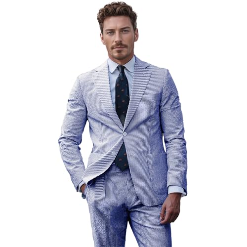 Summer Suit for Men Pinstripe Casual Classic Fit 2 Piece Seersucker Suit