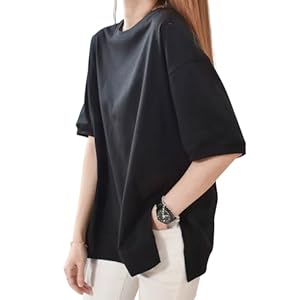 [MOWO] Tシャツ レディース 半袖 【逆V裾スリット・Oversizeで体型カバー・癒しの綿触り】トップス カットソー 春 夏 丸襟 大きいサイズ 着痩せ 丸首 コットン 薄手 通気性 吸汗速乾 透けない オシャレ カジュアル 5分袖 (JP, アルファベット, Free Size, ブラック)" 