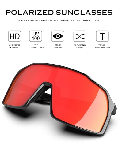 Polarized Sunglasses for Men Women, Lightweight Womens Mens Shades Sun Glasses Lens/Nose Pads, UV400 Protection - Black Frame + 2 Pieces Nose Pads + Lava Red Lens4