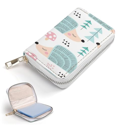 Women Leather Coin wallet, Key Change Organizer Zipper Card Holder Purse Clutch Pouch Pocket 4.5x3.15 in Print Hedgehog Forest Seamless2