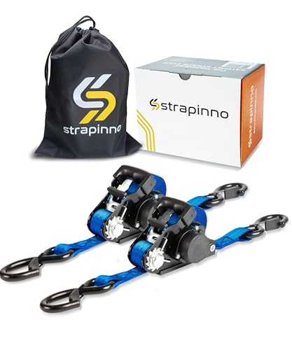 Strapinno Retractable Ratchet Straps - 1 in x 15 ft Heavy Duty Tie Downs 3000lbs Breaking Strength S Hooks with Safety Clip Easily Store with AutoRetract for Boat ATV Motorcycle & Cargo (2PCS)