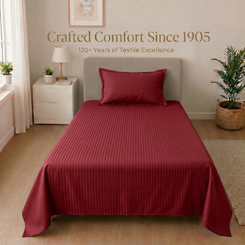 Image of Mafatlal Classic 210 TC 100% Cotton Single Bedsheet | 90 x 60 Inches | Soft & Comfortable Cotton Fabric | Elegant Italian Stripes Design | Breathable, Durable & Lightweight | Maroon