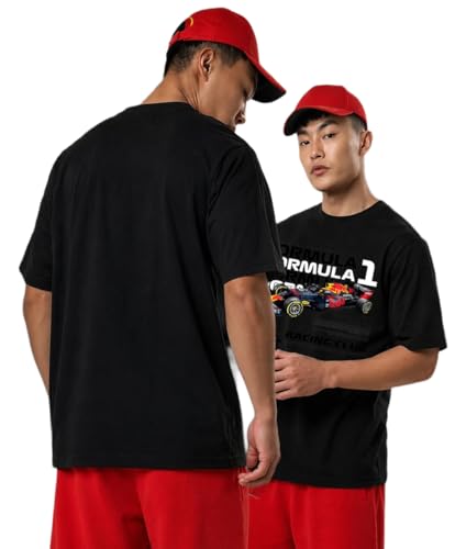 Image of Khakey Men's F1 Racing Graphic Printed Black T-Shirt | Formula 1 Back Print Drop Shoulder Tee | Motorsports Car Print Tshirt for Men & Women | Cotton Streetwear Tee's | Unisex Fit