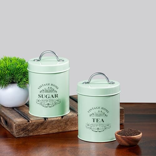 Image of Metallure Home Round Classic Tea Sugar Container Set of 2 | Metal Container for Kitchen Storage | Airtight Jar Set | Food-Safe Tea Jars for Kitchen (Light Green)