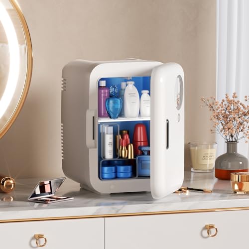 Image of Mini Fridge for Bedroom, 4L /6 Cans Small Cosmetic Fridge for Skincare, Makeup & Drink, With LED Light Mirror, Portable Desk Fridge Cooler and Warmer for Kids, Car, Office, Dorm, White
