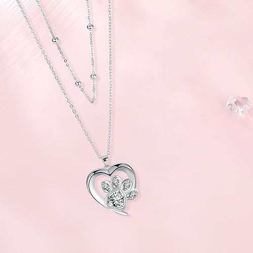 Micory Hundepfote Halskette für Damen 925 Sterling Silber mit Herz Zirkonia Kette Damen Verstellbar Ketten Valentinstag Muttertag Geburtstags Weihnachten Geschenk für Sie Frauen Freundin