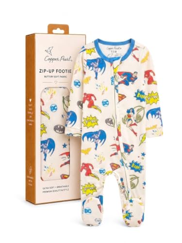 Image of Copper Pearl Zip-Up Footie Baby Pajamas - Soft Newborn Onesies for Boys & Girls, Tag-Free with Two-Way Zipper Baby Sleepers for Newborn - 24 Months, Justice League