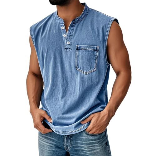 Button Down Shirt Men Summer Sleeveless Distressed Washed Mens Tank Tops Beach Henley V Neck Polo Shirts Vintage Retro Relaxed Fit Solid Tee Top with Chest Pocket Blue XL