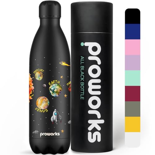 Proworks Botellas de Agua Deportivas de Acero Inoxidable Cantimplora Termo con Doble Aislamiento para 12 Horas de Bebida Caliente y 24 Horas de Bebida Fría - Sin BPA - 1L - Todo Negro
