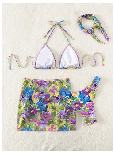 Image of RoseSeek Women's 4 Piece Polka Dots Bathing Suits Cover Up Skirt & Bandana