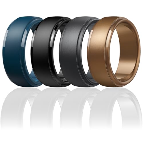 Image of Egnaro Men's Silicone Wedding Rings: Classic Black Step Edge Rubber band 10mm Wide 2.5mm Thick- Hypoallergenic for Gym /Outdoor /Gift(1 /4 /7 Variety Pack with Half Size)