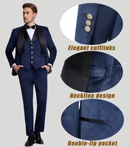 Wehilion Men's 3 Piece Velvet Tuxedo Suit Slim Fit Shawl Collar Blazer for Performances Party Wedding Jacket Vest Pants2
