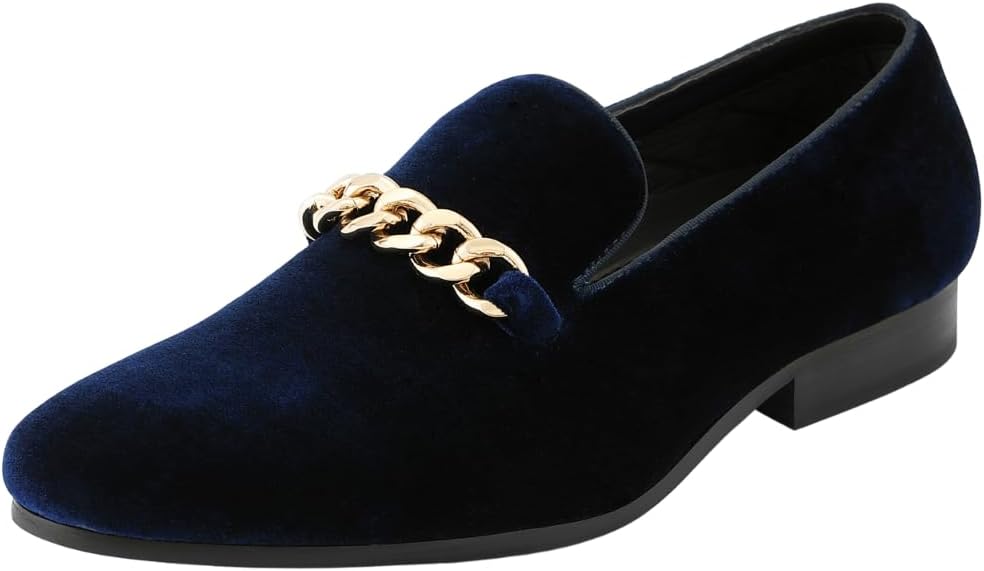 Amali Fay Velvet Men’s Slip-On Shoes with Gold Chain Ornament Dress Shoes for Men Velvet Formal Loafers for Men The Original Smoking Men Tuxedo Dress Shoes Navy Size 11