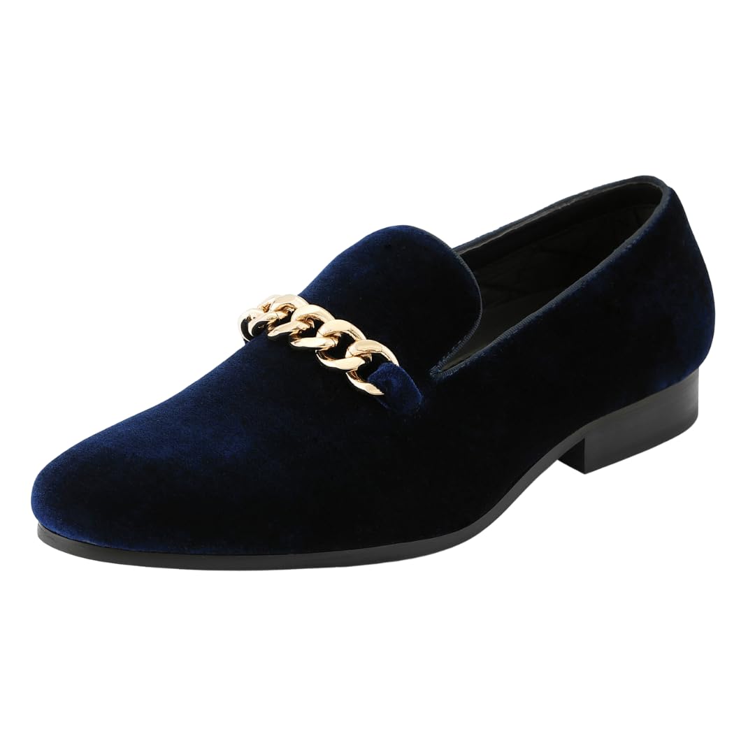 Amali Fay Velvet Men’s Slip-On Shoes with Gold Chain Ornament Dress Shoes for Men Velvet Formal Loafers for Men The Original Smoking Men Tuxedo Dress Shoes Navy Size 11