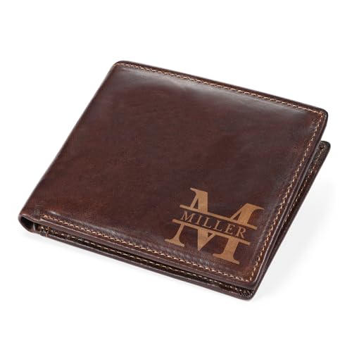 Image of Personalized Leather Wallet for Men, Custom Engraved with Name or Initials - RFID Blocking Bifold Thin Wallet, Ideal Father's Day Birthday Gift for Dad Husband, Comes with Gift Box (Dark Coffee)