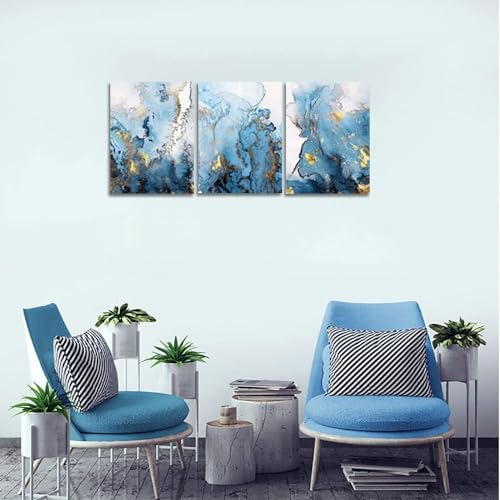 SERIMINO Blue Abstract Canvas Wall Art for Living Room, Navy and Gold Fluid Marble Wall Decor for Bedroom, Bathroom, Office, Home Decor, Set of 3 Print Painting, 16"X24"