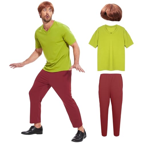 AKFJDLAD Halloween Zotteliges Kostüm Für Erwachsene und Herren – Kostüm Einer Klassischen Filmfigur Grünes Kurzarm T-Shirt und Braune Hose Outfit mit Perücke (M)