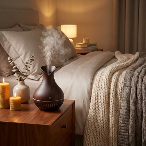 Image of Lakshiv Aroma Diffuser Humidifier for Room & Home with LED Light | Ultrasonic Cool Mist Air Humidifier for Bedroom | Essential Oil Diffuser | Wood Grain Finish | 30ml | Touch Operation (Dark Brown)