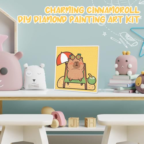 Image of PATPAT Diamond Painting Kit Capybara 7 Inch Wooden Frame DIY Craft for Kids | Creative Focus, Quiet Activity, Capybara Artwork, Wooden Display, Easy Setup for Home Crafting