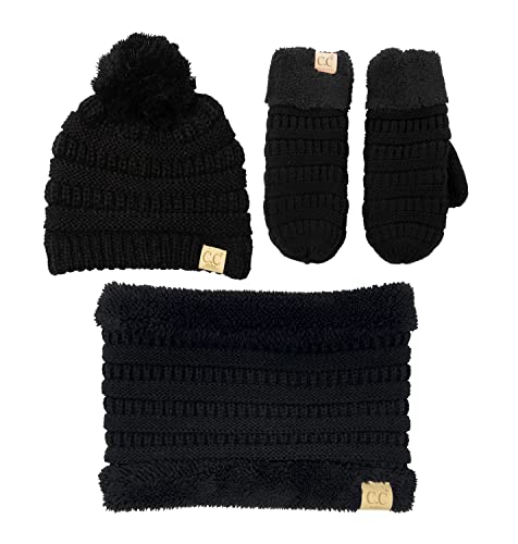 Image of Funky Junque Kids Matching Neck Warmer Scarf Soft Fuzzy Cuff Gloves Mittens Ribbed Knit Pom Pom Beanie Bundle Boy Girl