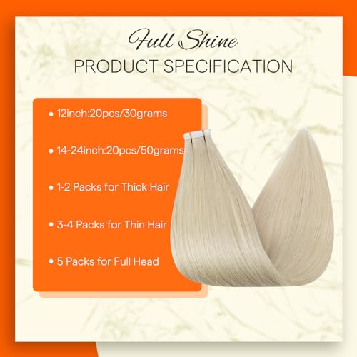 Image of Full Shine Invisible Hair Extensions Tape in Platinum Blonde 60 Blonde Hair Extensions Real Human Hair 14Inch Straight Hair Extensions for Short Hair 20pcs 50Grams Add Volume