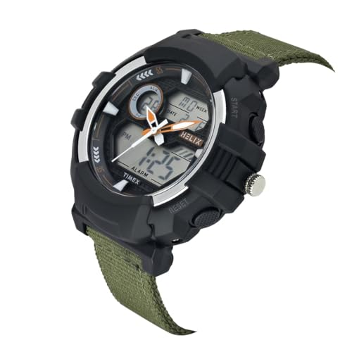 Image of Helix by Timex Ana Digital Watch for Man with Black Round Dial & Green Nylon Strap Band Water Resistant Men's Wrist Watches - TWESK6501T