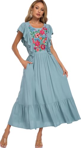 Image of Women's Summer Maxi Dress Casual Floral Embroidered Round Neck Short Sleeve Ruffle Tiered Dress Flowy Boho Beach Sundress