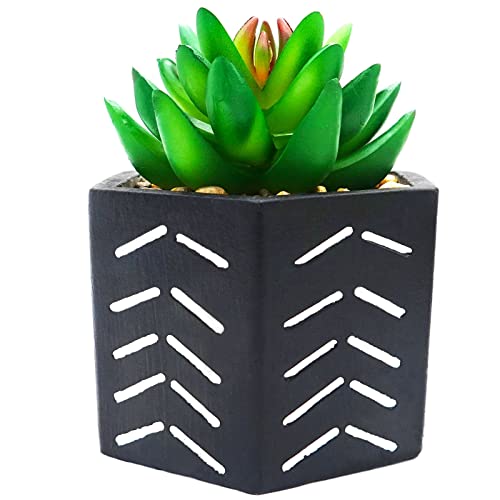 SZHTSWU Artificial Potted Plant, 5.5"x3.9" Small Cute Fake Succulent Plant with Hexagon Cement Potted, Faux Plants Decor for Desk Shelf Bedroom Living Room Office Home (Set of 1 Black)