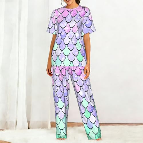 Pyjama léger manches courtes femme imprimé sirène original ensemble doux short - 3