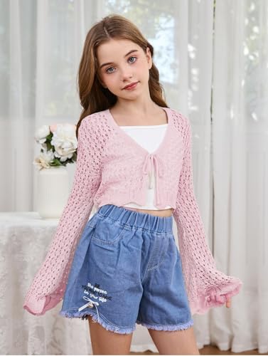 Image of Milumia Girl's Tie Front Crochet Knitted Cardigan Sweater Hollow Out Long Sleeve Crop Cover Up Top