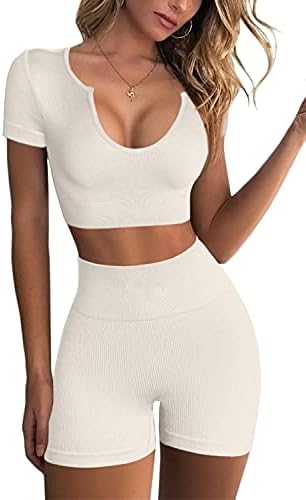 QINSEN Workout Tops for Women Sexy Notch Neckline Seamless Bodycon Shorts Sets GMY 2 Piece Outfits L