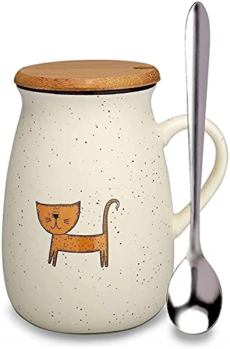 Qiuerte 1 taza de 380 ml, tazas de café de cerámica divertidas con tapa y cuchara, bonito regalo para amantes de gatos, mujeres, novias (gato 3) Cover