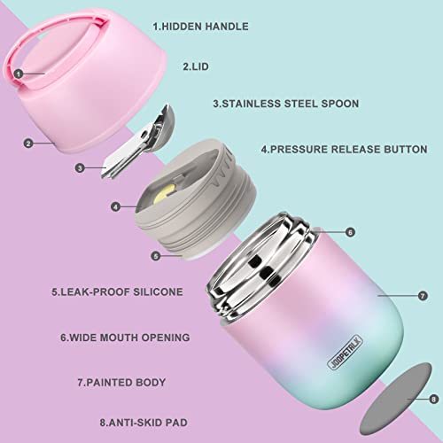 17 Oz Insulated Lunch Containers Hot Food Jar, Wide Mouth Lunch Thermos For Hot Food Kids Adults, Vacuum Stainless Steel Thermos Lunch Box With Handle Folding Spoon For School, Office (Blue-Pink) #TOP1