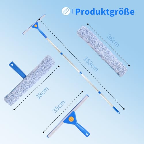 1,5m Fensterreiniger mit Langem Griff, 35cm Fensterabzieher und 38cm Fensterwischer als Kombi-Set, Profi Fensterreinigungsset Glaswischer für Glas Fenster Putzen, Dusche und Glastür Reinigung