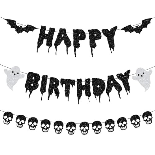 Glitter Halloween Happy Birthday Banner, No DIY Pre-Strung Black Bat Skull Ghost Garland, Halloween Hanging Paper Garland for Kids Birthday Party Decorations
