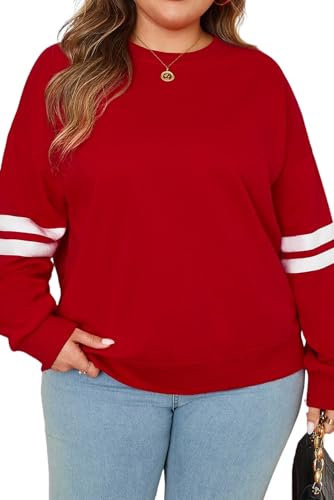 wihnsinop Fiery Red Varsity Striped Detail Crew Neck Plus Sweatshirt