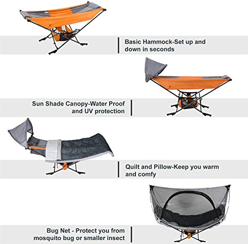 Republic Of Durable Goods Portable Hammock With Stand Included Compact Folding Camping Hammock Stand With Shade Canopy,Mosquito Net For Travel Car Camping Mock One Hammock Chair Foldable,Orange #TOP3