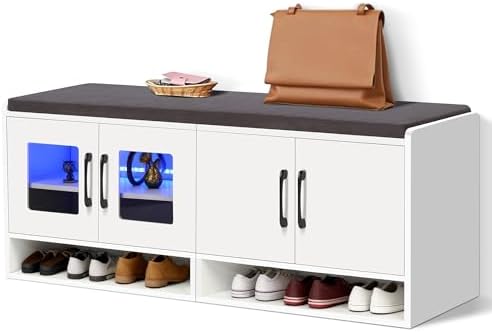 Shoe Bench with Thickened Cushion,Entrance Bench with Glass Door ...