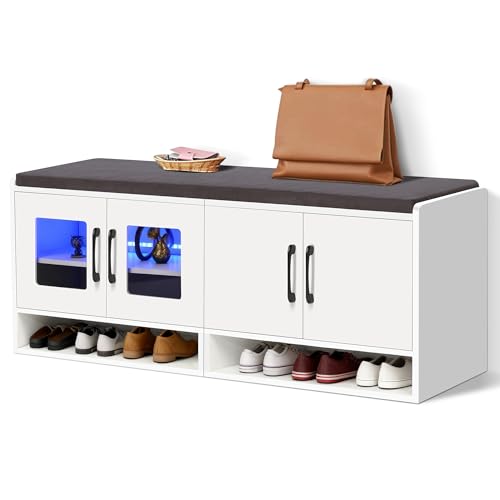 vellaniq Shoe Bench with Thickened Cushion,Entrance Bench with Glass Door and Ambient Light,Three-Layer Shoe Rack,Color Changing Light Strip, Two Large Storage Spaces,Living Room,Bedroom,White - image 1