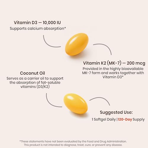 Image of VEV Corefeel Vitamin D3 K2 10,000 IU, 200 mcg MK-7, 120 Coconut Oil Softgels, 2-in-1 Vitamins D & K, Easy to Swallow