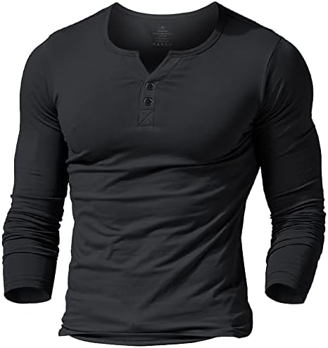 palglg Mens Long Sleeve Muscle Slim Fitted Cotton Henley T-Shirt with Buttons Black M