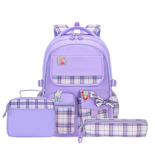 Kids Backpack for Girls Boys, 3Pcs Student Backpack with Lunch Box & Pencil Pouch - School Backpack Daisy Bag (Bowtie-PURPLE)