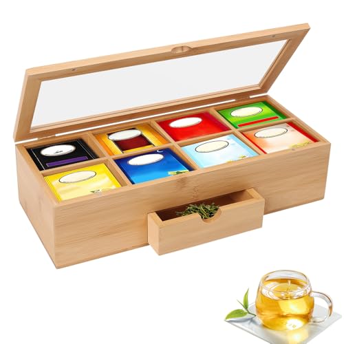 Tea Bag Organizer, Bamboo Tea Box with Acrylic Lid, Tea Holder Organizer with Retractable Drawer - 8 Compartment
