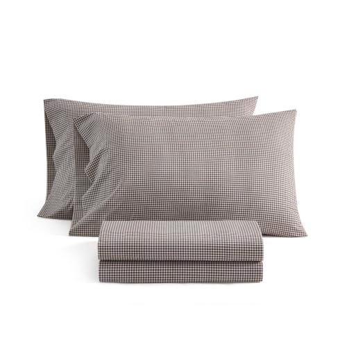 Image of Martha Stewart - Full Sheet Set with Fitted Sheet & Pillowcases, Cotton Percale Bedding with a Smooth Feel, Deep Pocket, Gingham Brown