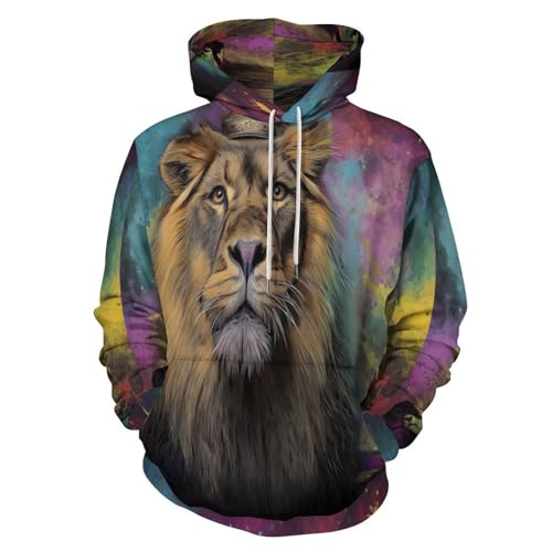 Sweat à capuche lion 3D bleu-violet avec poche kangourou confortable