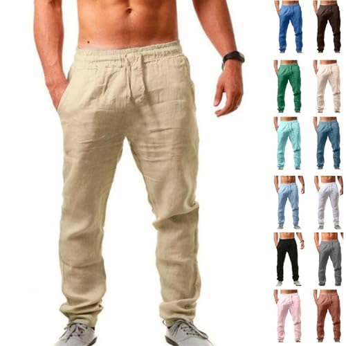 Pantalones Hombre Lino Algodón, Pantalones Cintura elástica con cordón Casuales Pantalon Largo Hombre Sueltos Transpirables Pantalon Verano Primavera Ropa Moda para Vacaciones Playa 2026