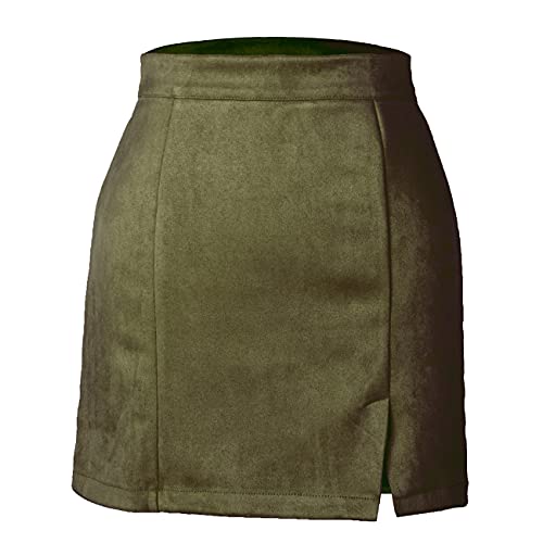 Umenlele Women's Basic Split Hem High Waist Suede Mini Pencil Bodycon Skirt Army Green Small #TOP4